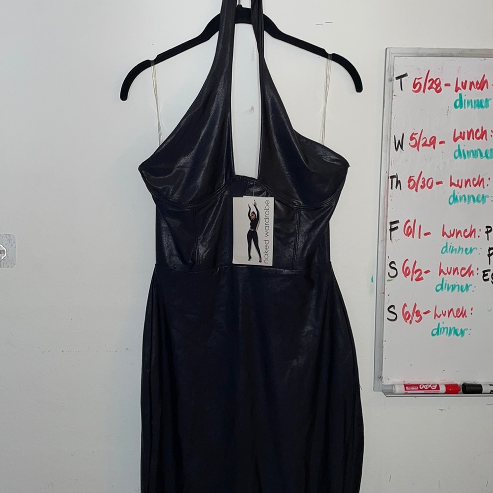 New black shiny pleather corset dress sz L with slit
